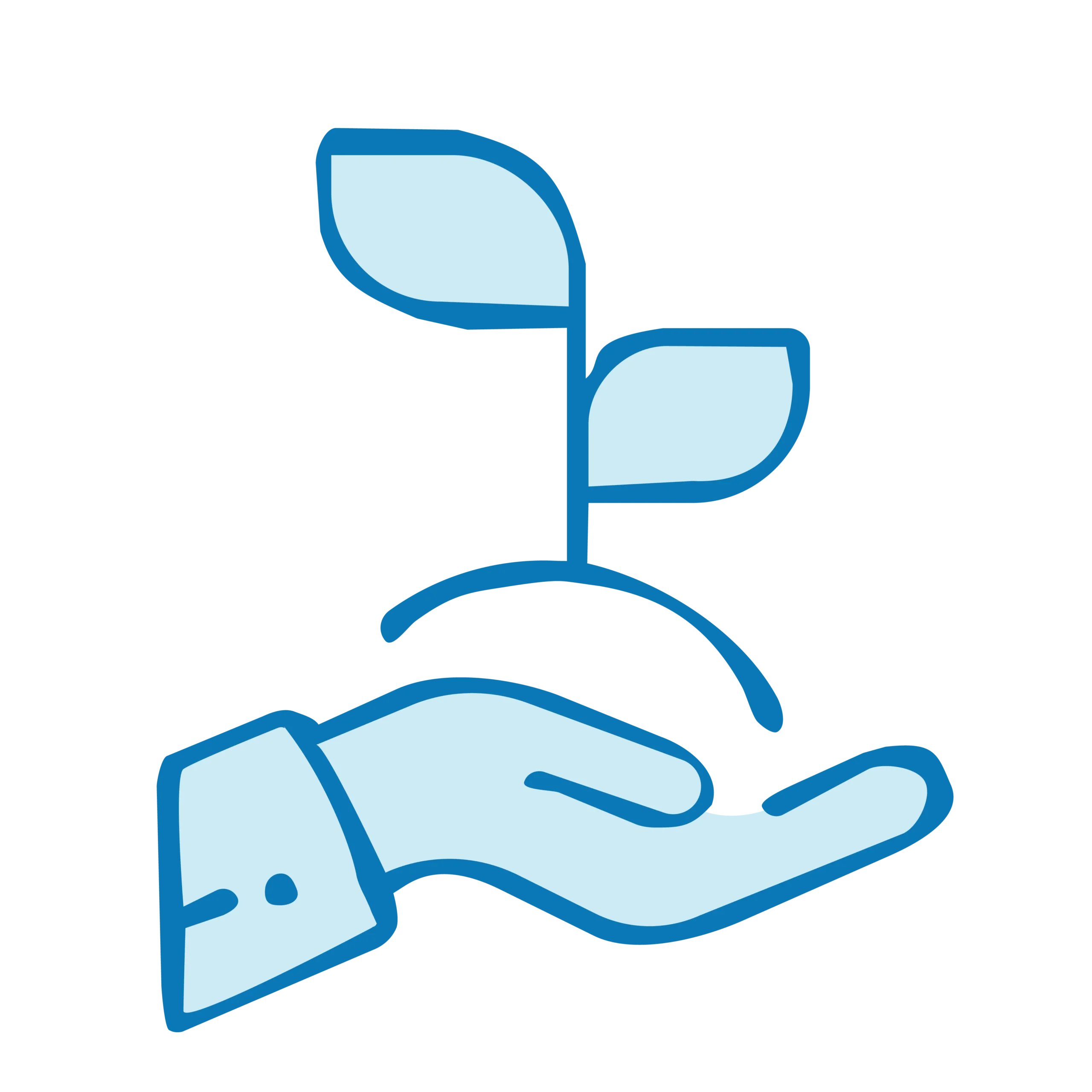 Light blue icon of plant growing in hand for sustainability efforts