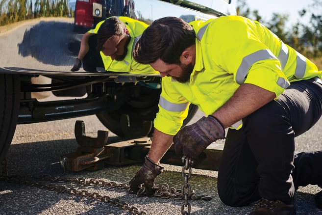 Speciality Trade Uniform Rentals - Tow truck driver in high-visibility long sleeve shirt hooking up car to tow